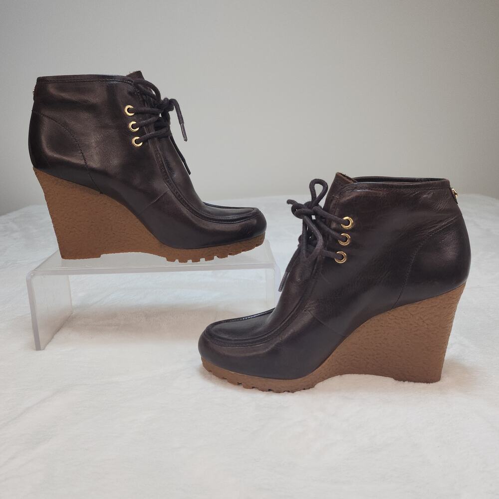 Dark Academia Whimsigoth Brown Leather Moc Toe Wedge Boots 6.5 90s Minimalist - Picture 3 of 15